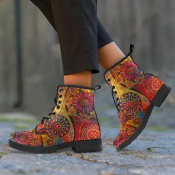 Red Steampunk Print on Demand Artwork Women's Fur Trimmed Combat Style Boots