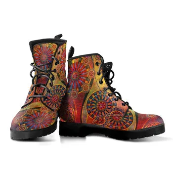 Red Steampunk Print on Demand Artwork Women's Fur Trimmed Combat Style Boots
