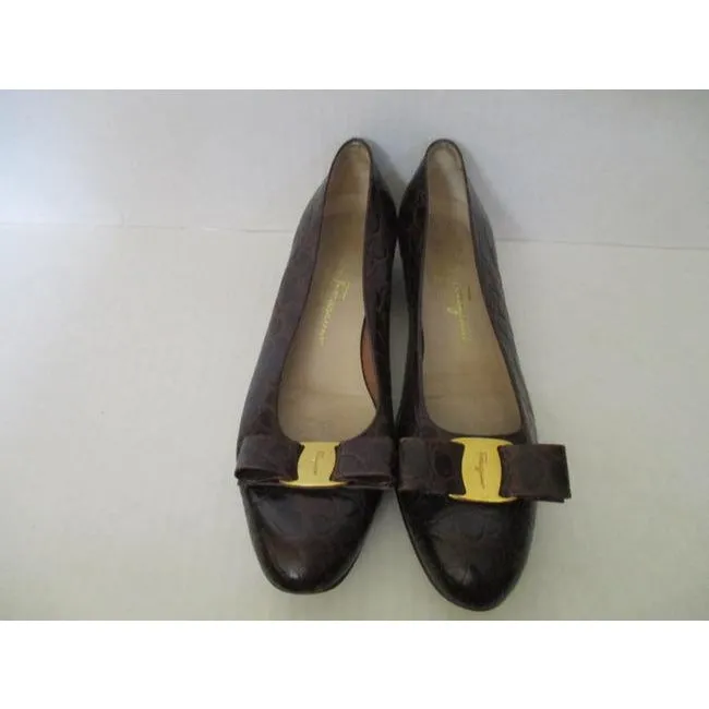 Salvatore Ferragamo Brown Croc Patent Vara Low Flats Size Us