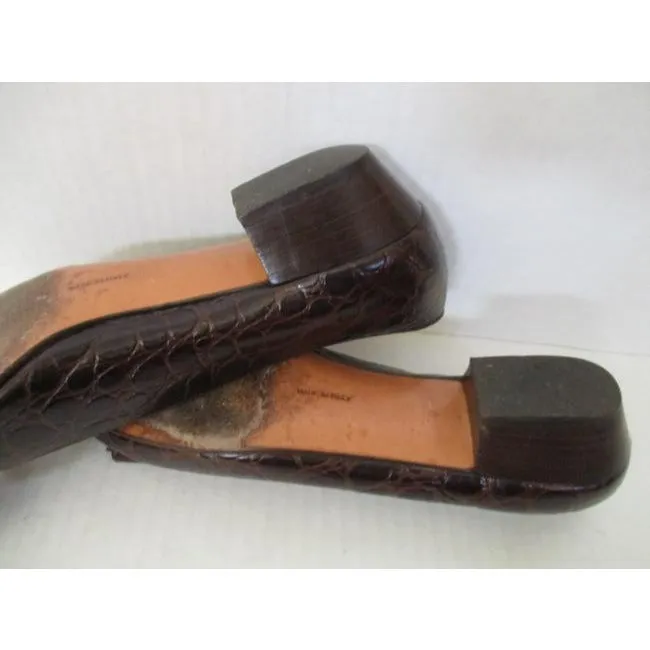 Salvatore Ferragamo Brown Croc Patent Vara Low Flats Size Us