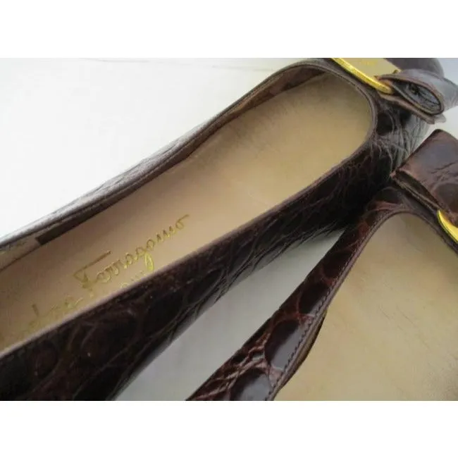 Salvatore Ferragamo Brown Croc Patent Vara Low Flats Size Us