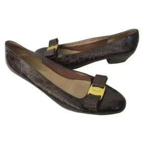Salvatore Ferragamo Brown Croc Patent Vara Low Flats Size Us
