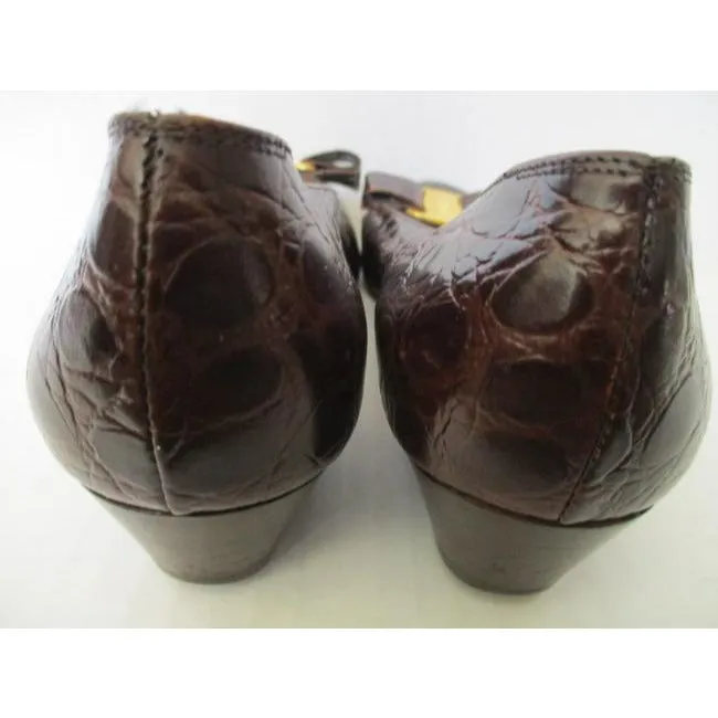 Salvatore Ferragamo Brown Croc Patent Vara Low Flats Size Us