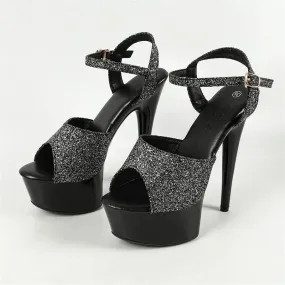 Sequin Cloth Open Toe Stiletto Buckle Strap Pole Dancing Shoes