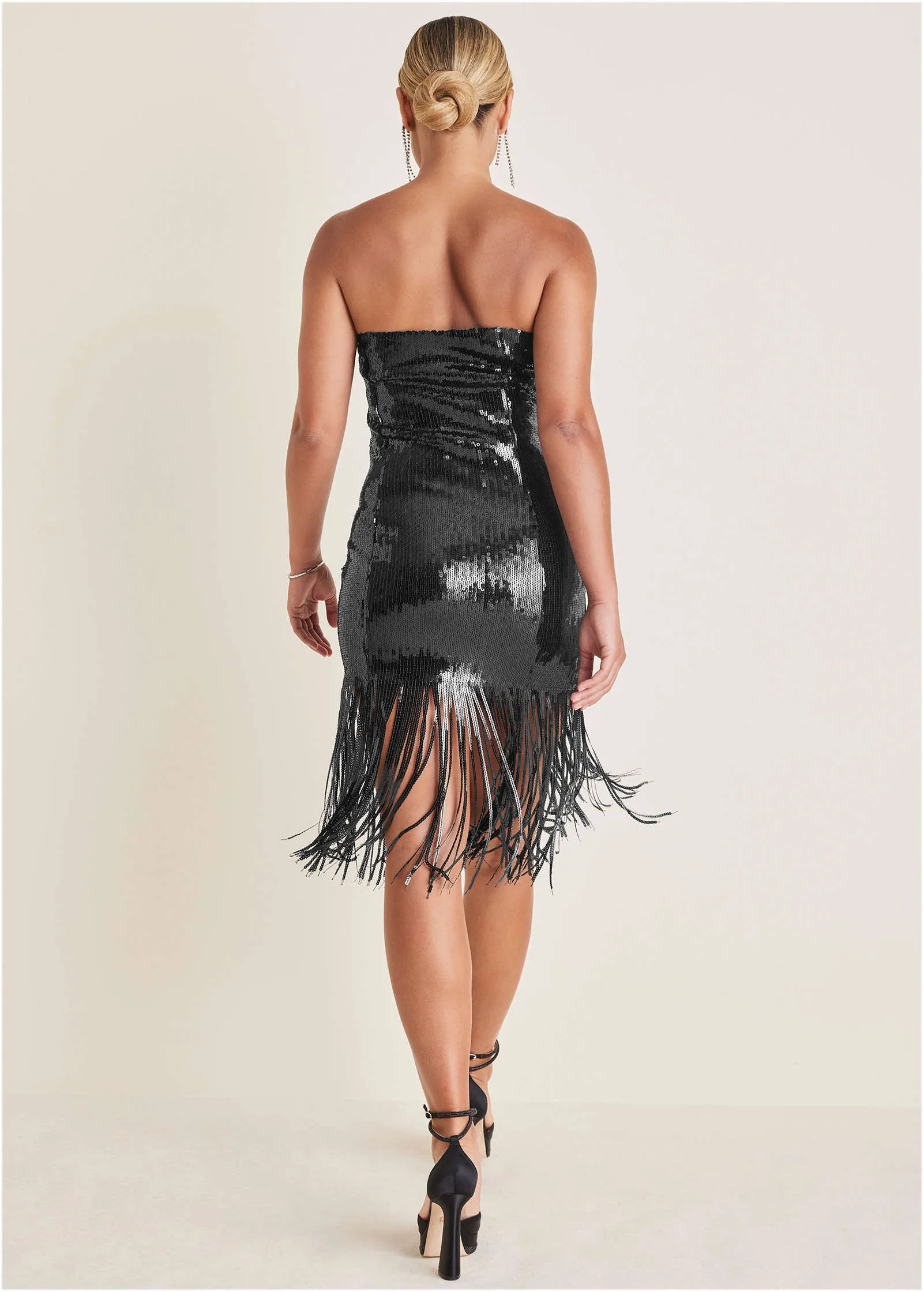 Sequined Fringe Mini Dress - Black