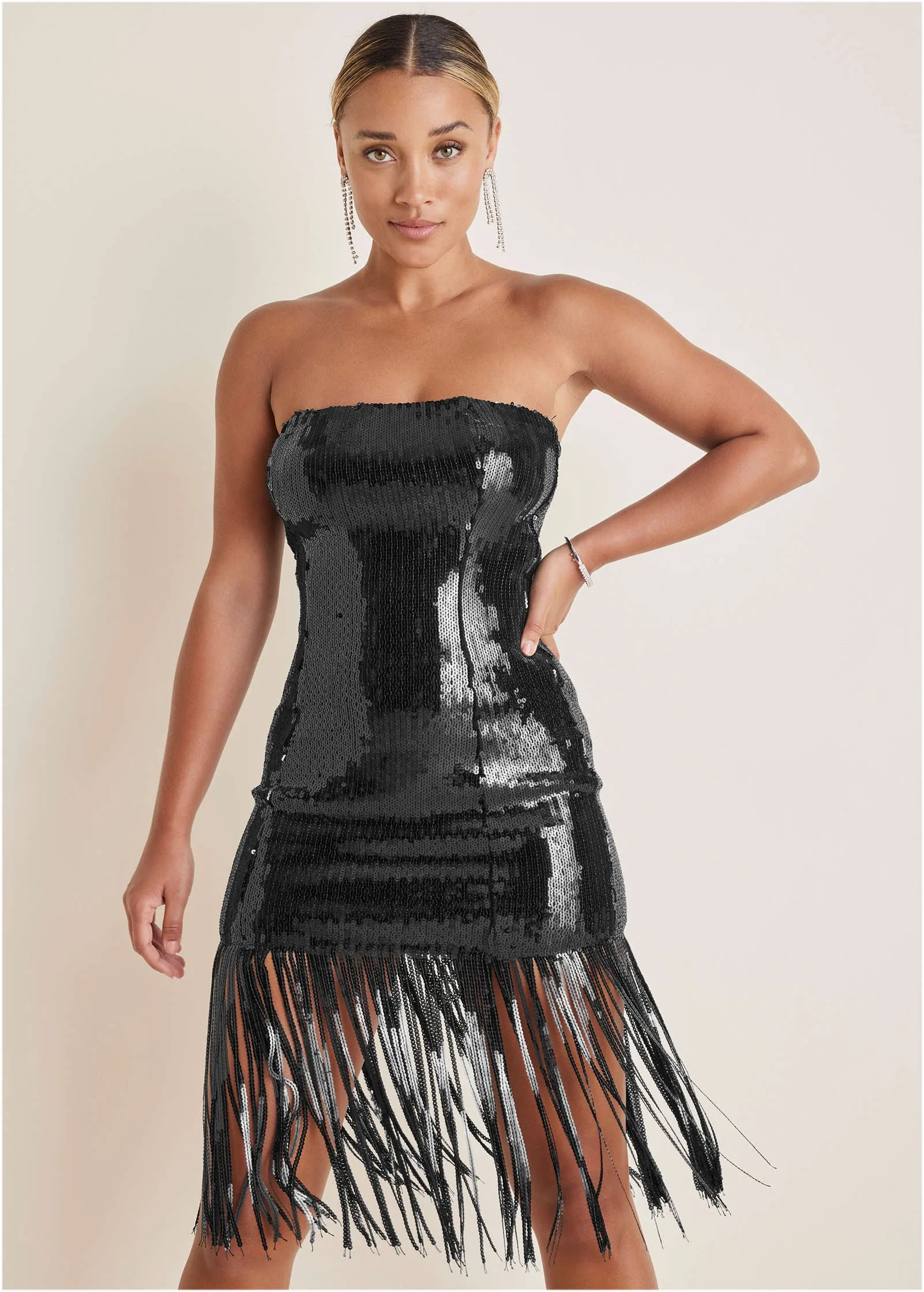 Sequined Fringe Mini Dress - Black
