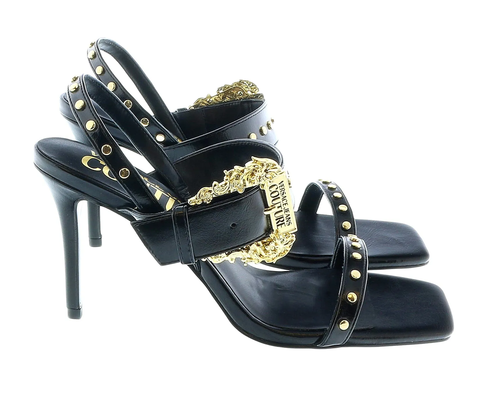 Versace Jeans Couture Oversized Buckle  Black Heeled Sandals-