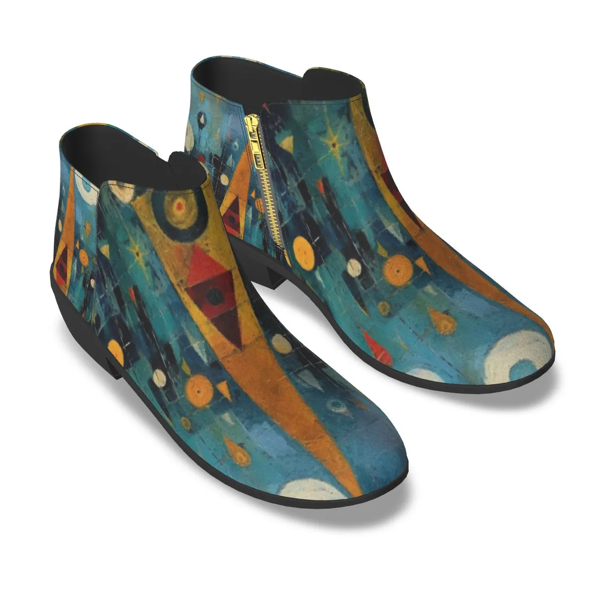 Women's Fashion Boots  353 blue, and yellow abstract print